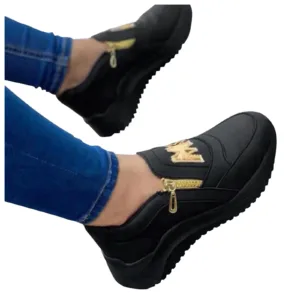 Womens Luxury Zipper Shoes Vulcanized Sneakers Golden M Letter Slip On Running Shoes Plus Size 37-42 Wedge Platform Casual Shoes