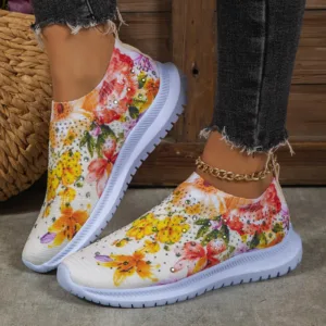Casual Large Vulcanized Shoes For Women Running Flower Rhinestones Fashion Breathable Vulcanized Shoes Outdoor Hiking Sneakers