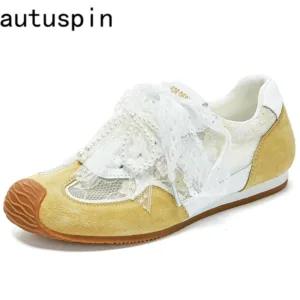 AUTUSPIN Sweet Women Shoes for Summer Lace Genuine Leather Female Sneakers String Beads Flat Platform Ladies Casual Sneaker